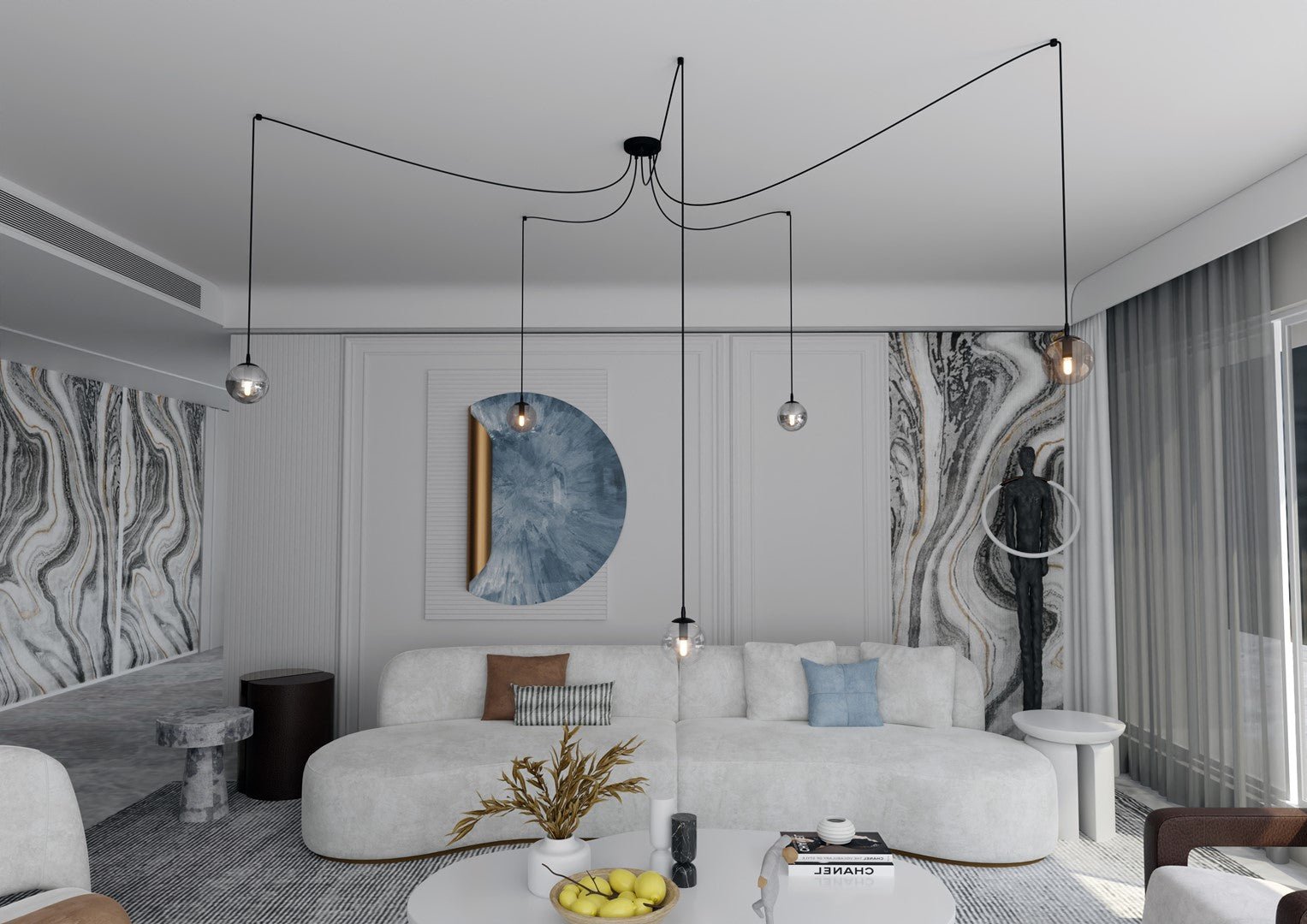 Hängeleuchte Glimer 5 in Schwarz, Graphit, Bernstein, 5-flammig