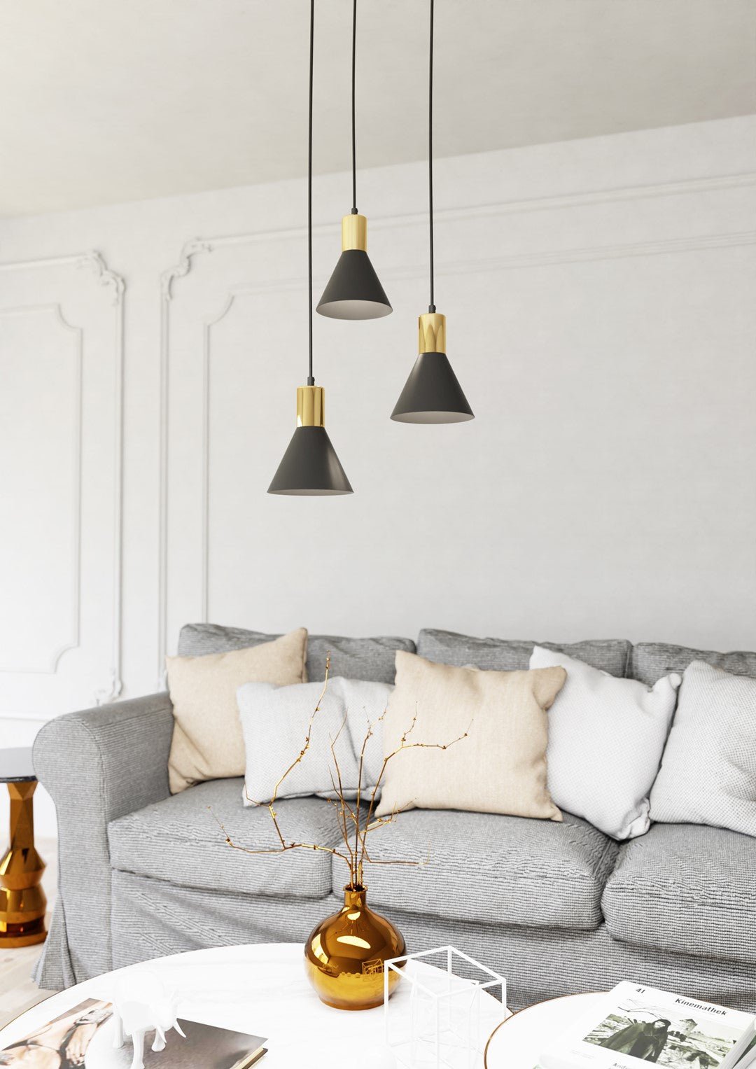 Hängeleuchte Fleur 3 Premium in Schwarz, Gold, 3-flammig
